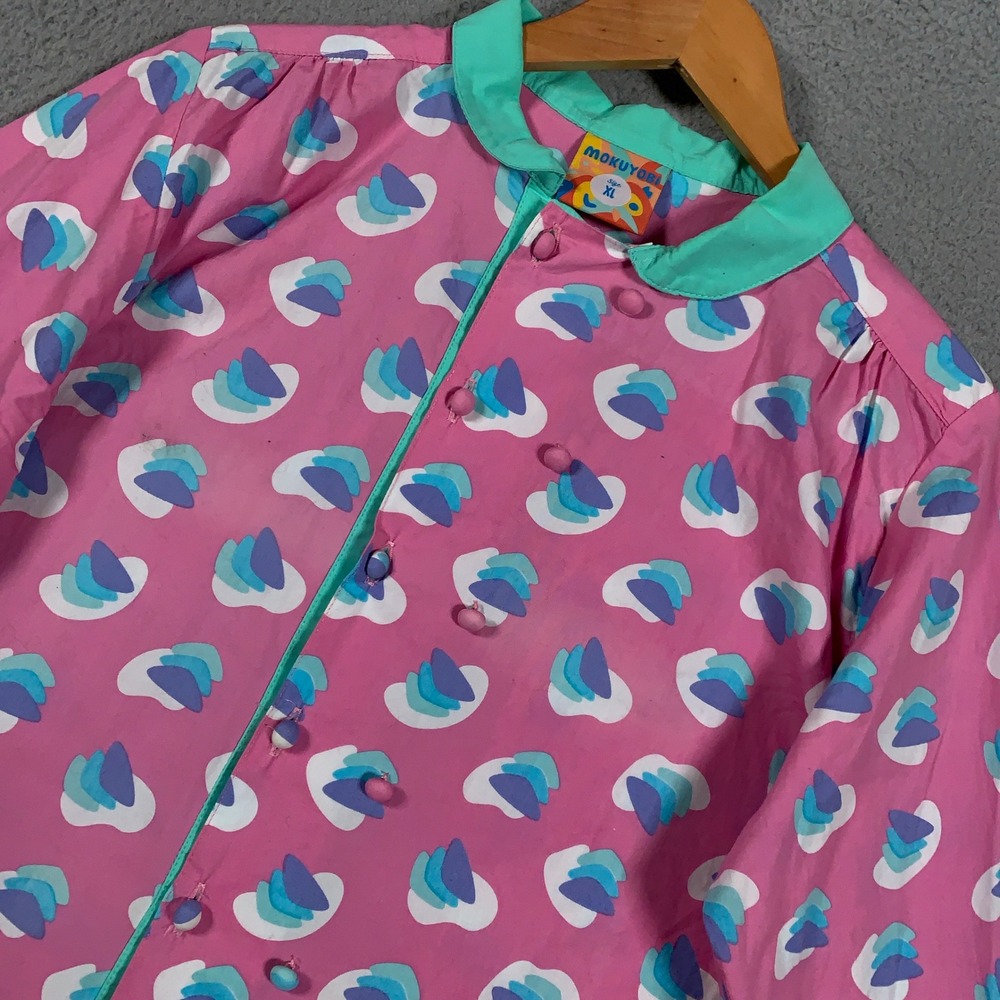 Mokuyobi Button Up Shirt Women's XL Pink Abstract Print Teal Collar Long Sleeve